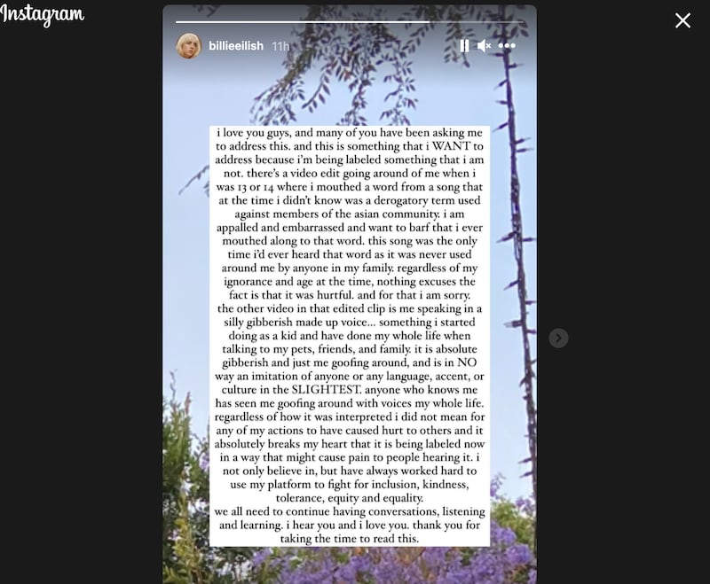 Billie Eilish sends apology on her Instagram story.
