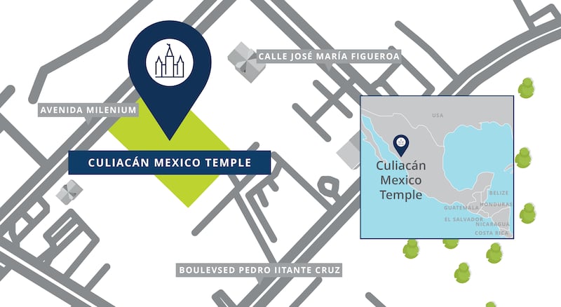 A map with a pin showing the location of the Culiacán Mexico Temple site, with nearby roads.