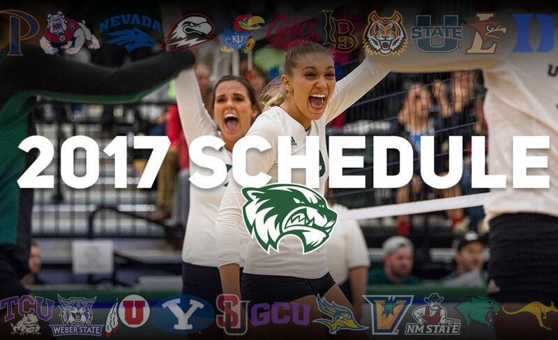 Lexi Thompson (left) and Brighton Taylor (right) celebrate during a home match against in-state rival Weber State at UVU's Lockhart Arena on Nov. 1, 2016. The Wolverines have a challenging schedule in 2017 that features home matches against Kansas, BYU, U