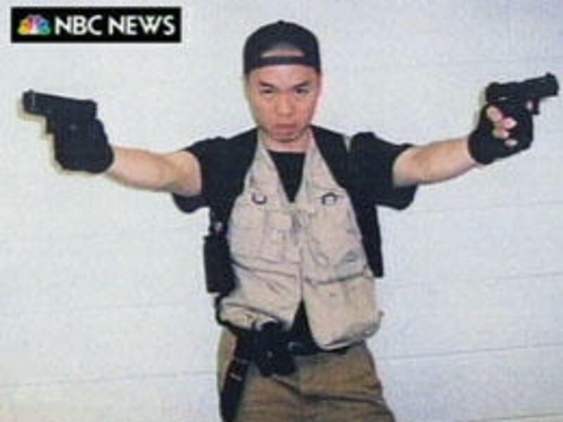 This video frame grab image taken from a video aired by NBC News on Wednesday, April 18, 2007, shows Virginia Tech gunman Cho Seung-Hui. The video was part of a package allegedly mailed to the network on Monday, April 16, between Cho's first and second sh