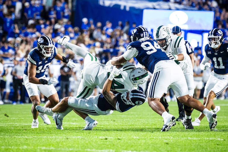 BYU defensive tackle Anisi Purcell makes a tackle against Portland State in their season opener on Aug. 30, 2025.