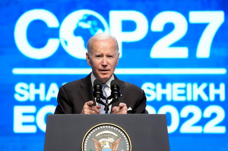 President Joe Biden speaks at the COP27 U.N. Climate Summit on Friday, Nov. 11, 2022, at Sharm el-Sheikh, Egypt.