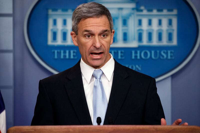 Acting Director of United States Citizenship and Immigration Services Ken Cuccinelli, speaks during a briefing at the White House, Monday, Aug. 12, 2019, in Washington. (AP Photo/Evan Vucci)