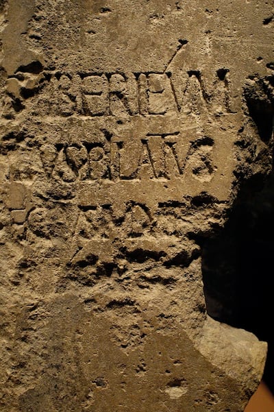 The Latin inscription "Pontius Pilate" is seen on this stone that was part of the dedication of a building in Caesarea circa 30 A.D., is one of the artifacts that was on display at the Maltz Museum of Jewish Heritage in Beachwood, Ohio in March 2006. (A