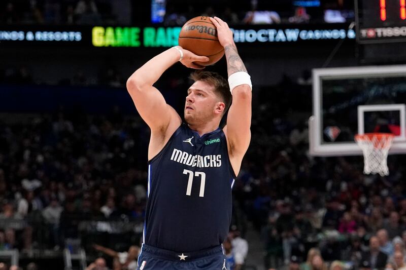 Dallas guard Luka Doncic shoots during game against Portland, Friday, April 8, 2022, in Dallas.