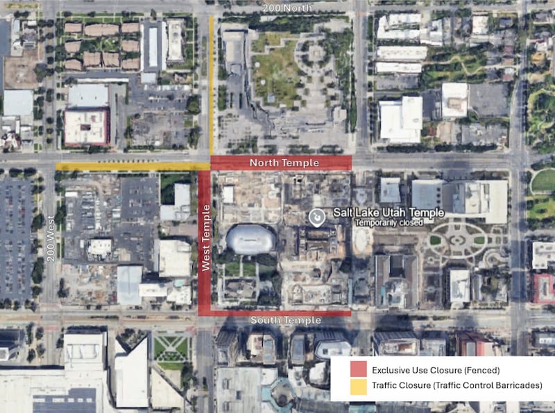 A map shows proposed street closures during the Salt Lake Temple open house from April 2027 to October 2027.