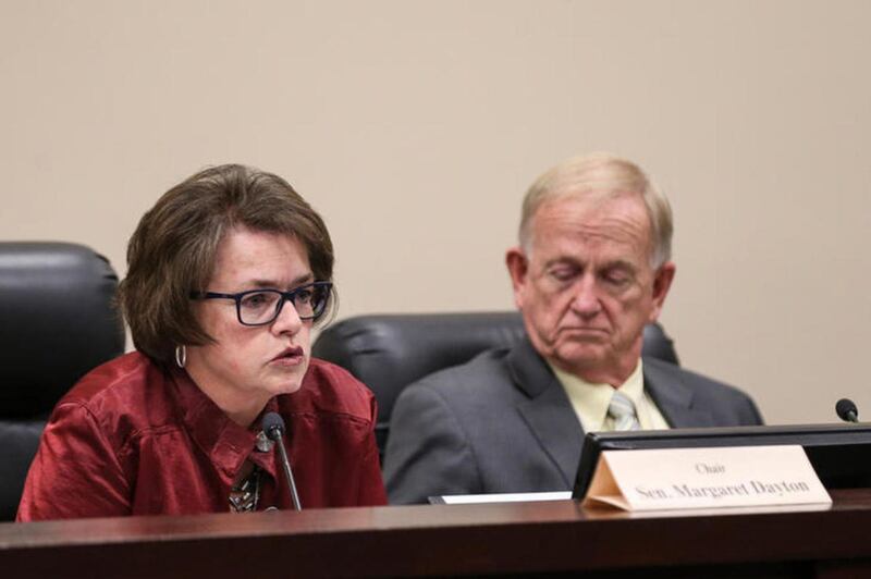 FILE: Sen. Margaret Dayton, R-Orem, left, explains her vote in favor of HCR11, a resolution urging the president to rescind the Bears Ears National Monument designation, during a hearing at the Capitol in Salt Lake City on Thursday, Feb. 2, 2017.