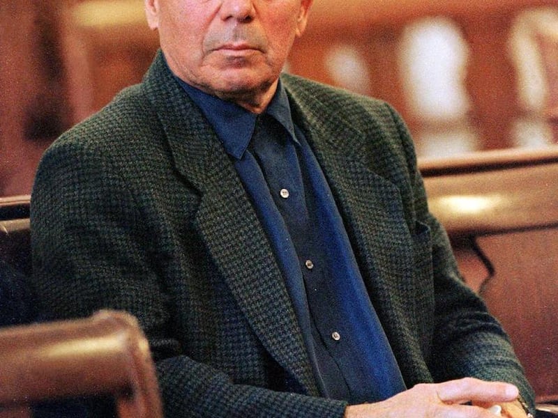 FILE - In this April 12, 1999 file photo Louis "Baby Shacks" Manocchio listens during his trial at Providence Superior Court in Providence, R.I. The New England mafia's long goodbye continues this week as Manocchio, 84, its former boss, gets sentenced to