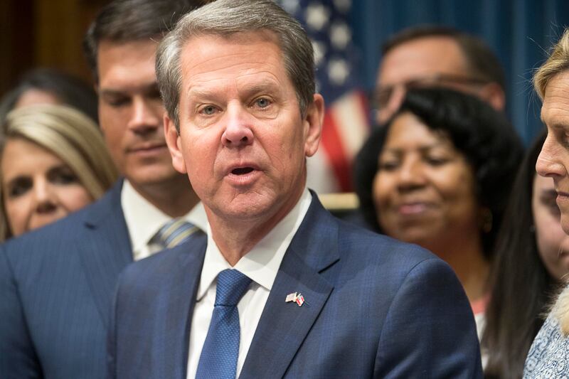 Georgia Gov. Brian Kemp speaks during a press conference for the signing of HB 481 at the Georgia state Capitol building in Atlanta, Tuesday, May 7, 2019. Kemp signed legislation on Tuesday banning abortions once a fetal heartbeat can be detected.