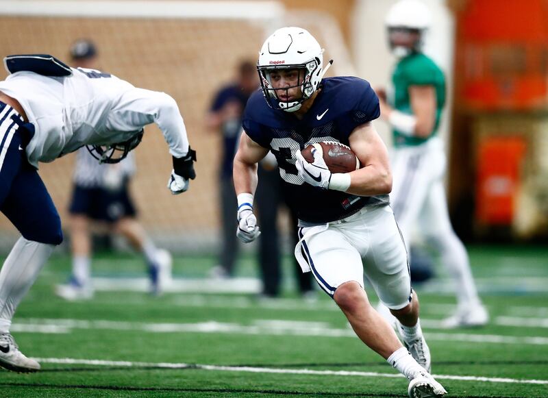 Zachary Katoa carries the ball during practice at the Indoor Practice Facility in Provo on March 15, 2018.