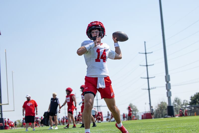 Utah quarterback Sam Huard prepares to pass during fall camp at the University of Utah in Salt Lake City.