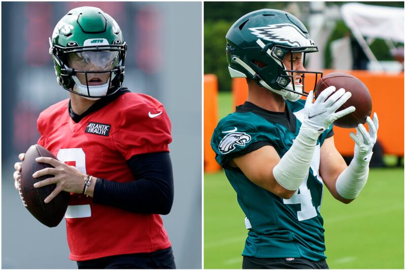 New York Jets quarterback Zach Wilson, left, and Philadelphia Eagles wide receiver Britain Covey are two Utah ties who will face each other during the first week of NFL preseason play.