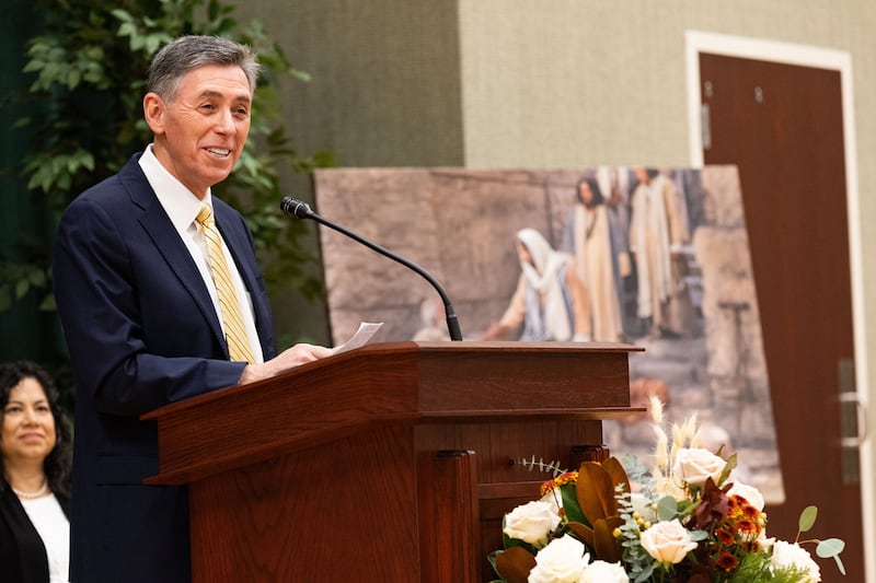 Elder Adilson de Paula Parrella speaks at the media open house for the Orem Utah Temple on Oct. 23, 2023.