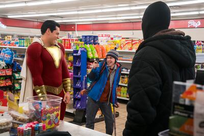 Zachary Levi as Shazam and Jack Dylan Grazer as Freddy Freeman in New Line Cinema's action adventure "Shazam!," a Warner Bros. Pictures release.