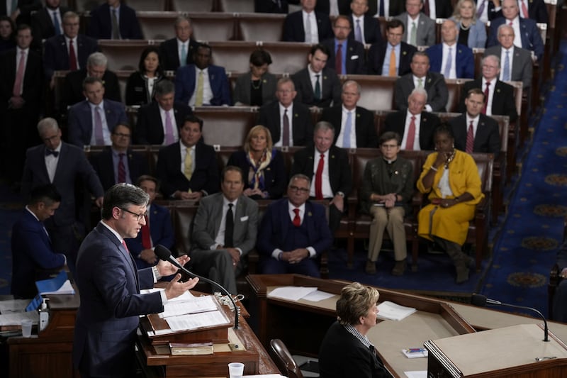 House Speaker-elect Rep. Mike Johnson, R-La., addresses members of Congress in Washington on Oct. 25, 2023.