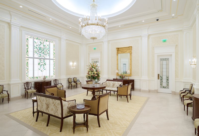 A full-scale replica of a celestial room in the Temple Square Visitors’ Center.