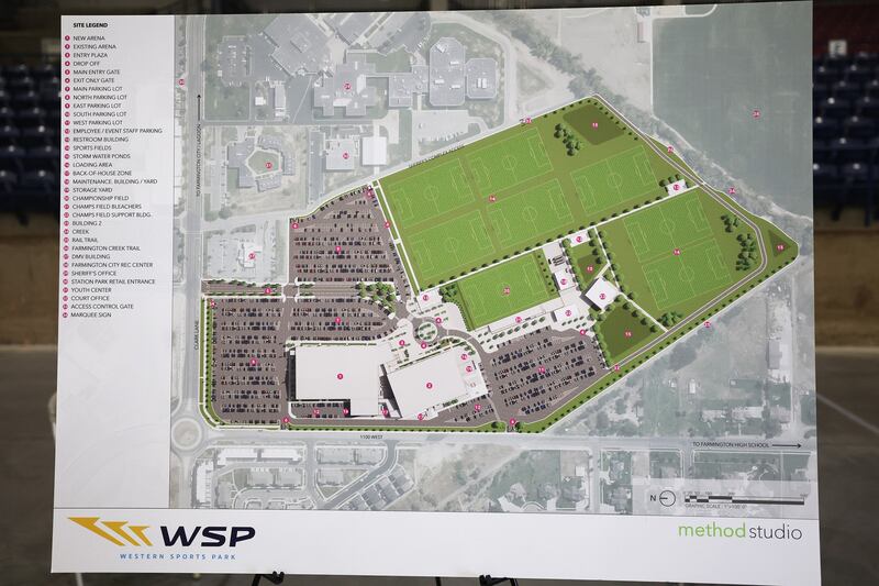 Renderings of the new Western Sports Park are displayed after a groundbreaking event for a new sports facility in Farmington on Tuesday. The state-of-the-art facility aims to expand sports tourism in Davis County.