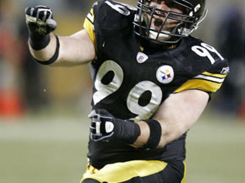 Pittsburgh Steelers defensive end Brett Keisel celebrates after sacking San Diego Chargers quarterback Philip Rivers.