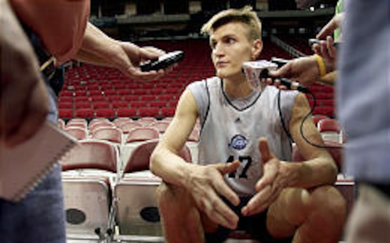 Utah Jazz forward Andrei Kirilenko speaks with the media after practice Sunday in Houston.