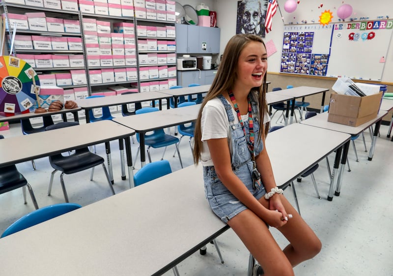 Katherine, who has struggled with overwhelming anxiety, at her high school on Friday, July 27, 2018.
