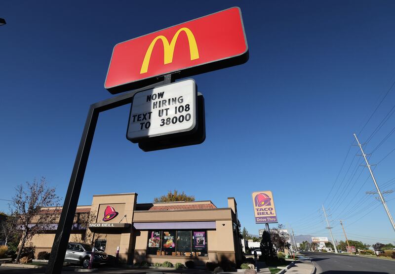 A “Now hiring” sign is posted at McDonald’s Cottonwood Heights on Friday, Oct. 7, 2022.