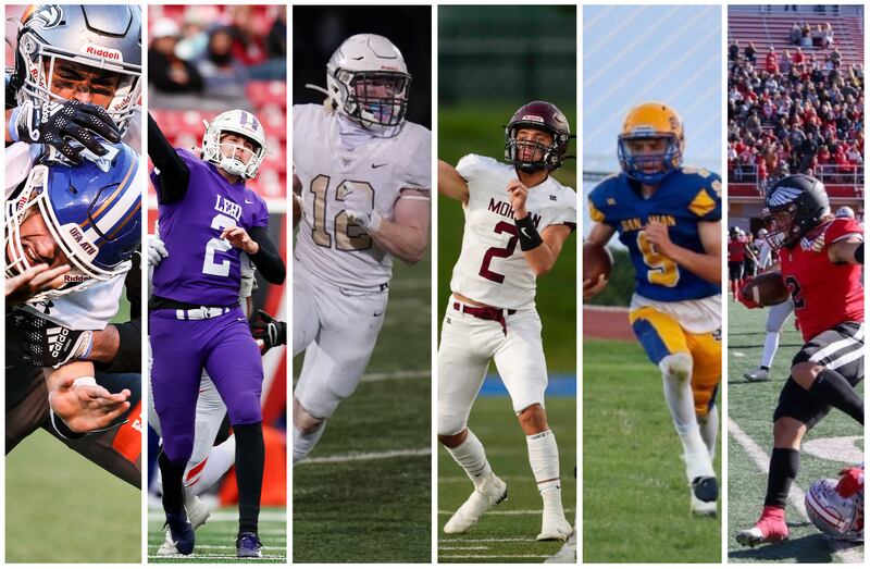 From left to right: Skyridge’s Tausili Akana, Lehi’s Jackson Brousseau, Desert Hills’ Tyden Morris, Morgan’s Nick Despain, San Juan’s Parker Snyder and Layton Christian’s Jessaia Giatras-Moala