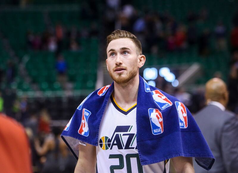 Former Utah Jazz forward Gordon Hayward (20) walks off the court after a game against the Los Angles Lakers at Vivint Arena in Salt Lake City on Thursday, Jan. 26, 2017. The Jazz won 96-88.