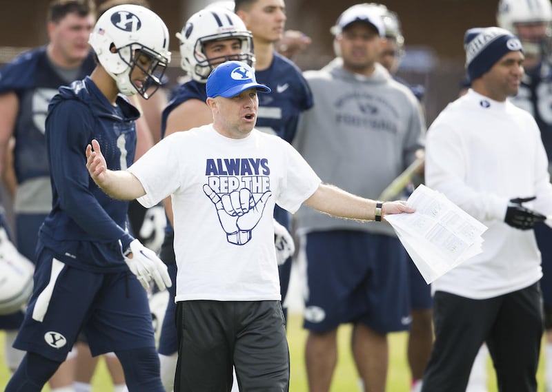 BYU tight ends coach Steve Clark, shown here at a practice in 2019, says the Cougars are deep and talented at the tight end position, especially with the return of senior Matt Bushman, but need to develop the inexperienced players in order to use two-tight end sets more frequently.
