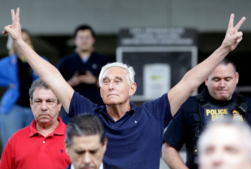 Roger Stone, former campaign adviser for President Donald Trump, walks out of the federal courthouse following a hearing, Friday, Jan. 25, 2019, in Fort Lauderdale, Fla. Stone was arrested Friday in the special counsel's Russia investigation and was char
