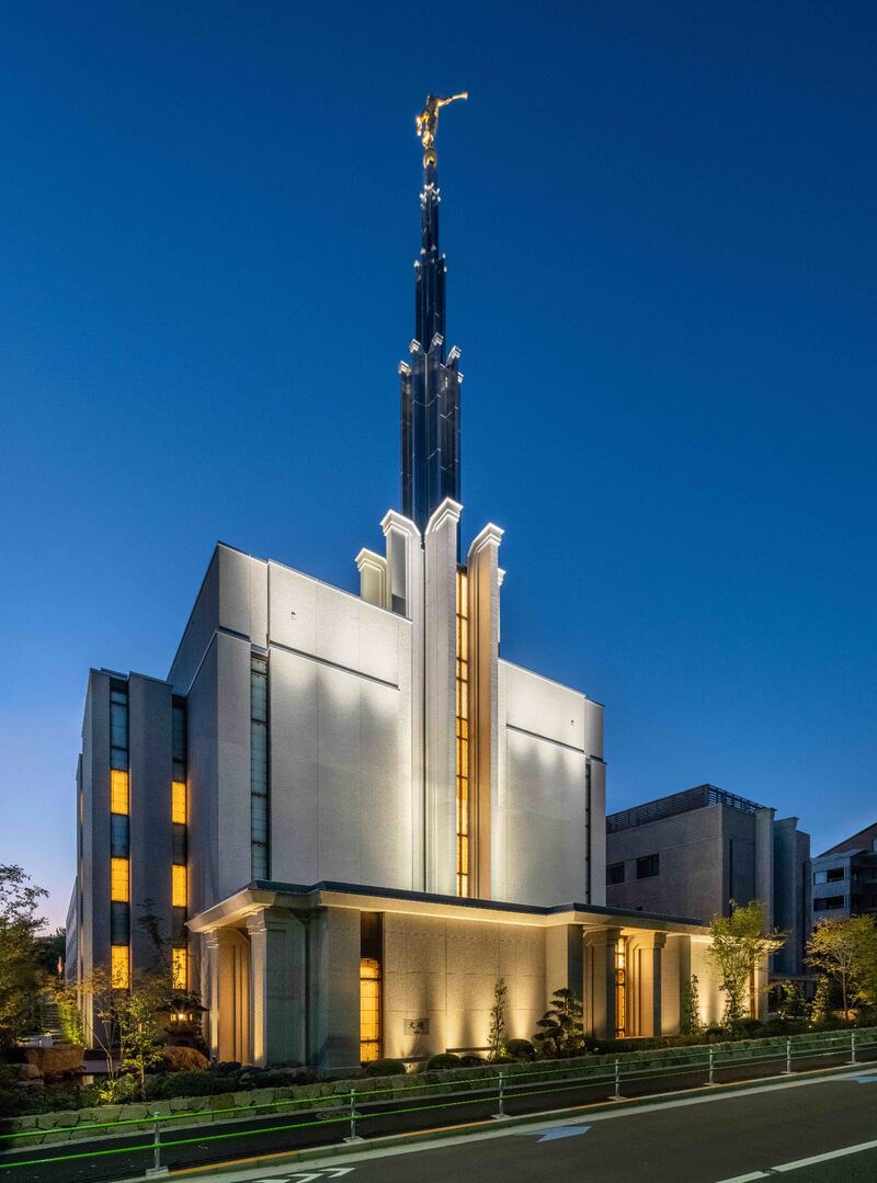 The Tokyo Japan Temple of The Church of Jesus Christ of Latter-day Saints at night.
