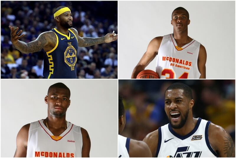 (Clockwise from left to right) Golden State Warriors' DeMarcus Cousins gestures during the first half of the team's NBA basketball game against the Philadelphia 76ers on Thursday, Jan. 31, 2019, in Oakland, Calif; Derrick Favors; Utah Jazz forward Derrick