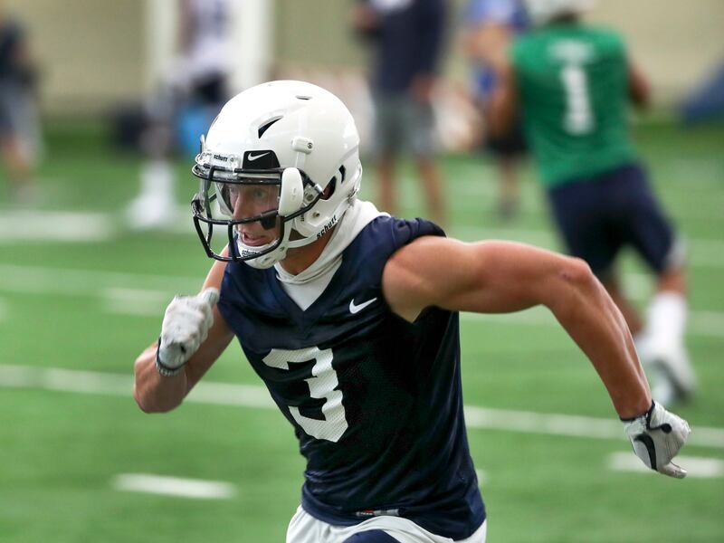 BYU wide receiver Dylan Collie runs a route during football practice in Provo on Friday, Aug. 3, 2018.