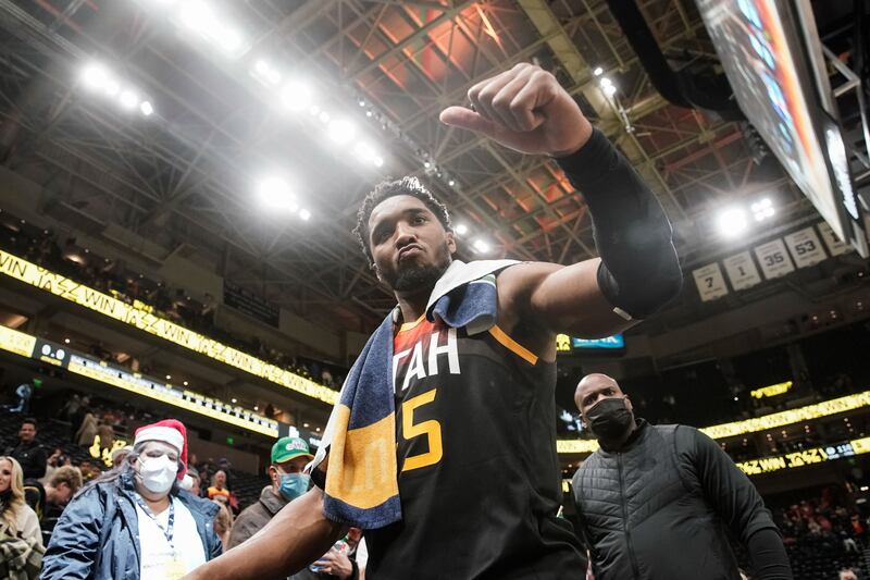 Utah Jazz guard Donovan Mitchell leaves the court after winning against Dallas Mavericks in Salt Lake City on Dec. 25, 2021.