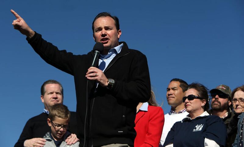 FILE - Senator Mike Lee speaks at a rally in South Jordan on Saturday, Nov. 2, 2013.