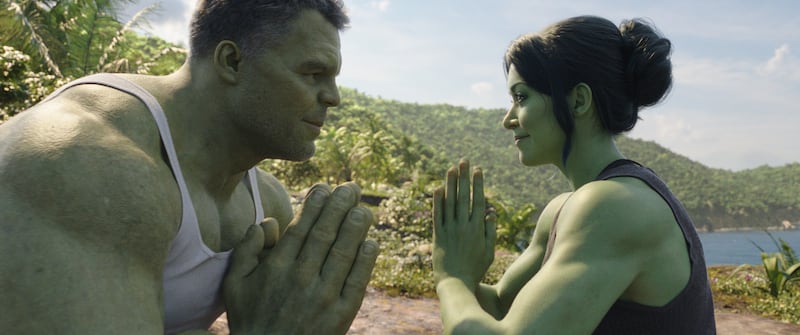 Smart Hulk/Bruce Banner (Mark Ruffalo) and Jennifer “Jen” Walters/She-Hulk (Tatiana Maslany) in “She-Hulk: Attorney at Law.”