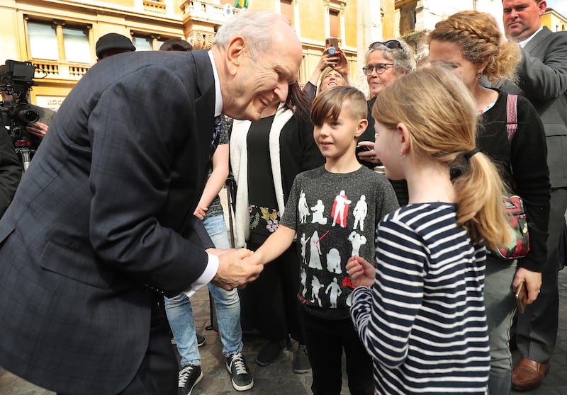 President Russell M. Nelson of The Church of Jesus Christ of Latter-day Saints pauses to talk with Ammon and Emma Schar, of Basel, Switzerland, in Rome, Italy, on Saturday, March 9, 2019. The Schar family is in Rome for the temple dedication.