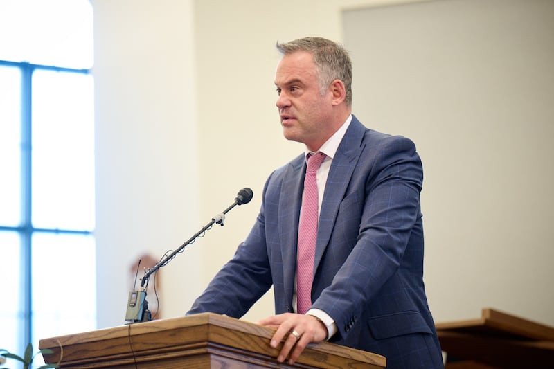 Bishop Matthew Huff of the Kerrville Ward of The Church of Jesus Christ of Latter-day Saints speaks words of comfort to the congregation on July 27, 2025.