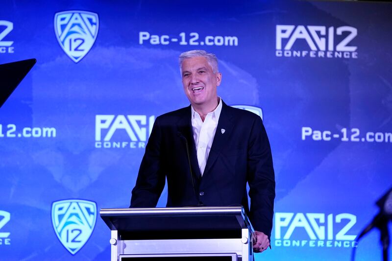 Pac-12 Commissioner George Kliavkoff speaks during the Pac-12 Conference NCAA college football Media Day Tuesday, July 27, 2021, in Los Angeles. (AP Photo/Marcio Jose Sanchez)