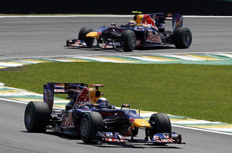 Red Bull driver Sebastian Vettel, front, and teammate Mark Webber of Australia finished first and second.