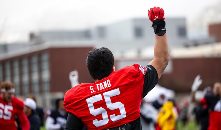 Utah offensive tackle Spencer Fano cheers during spring football practice at Spence and Cleone Eccles Football Center in Salt Lake City, UT, on Thursday, April 3, 2025.