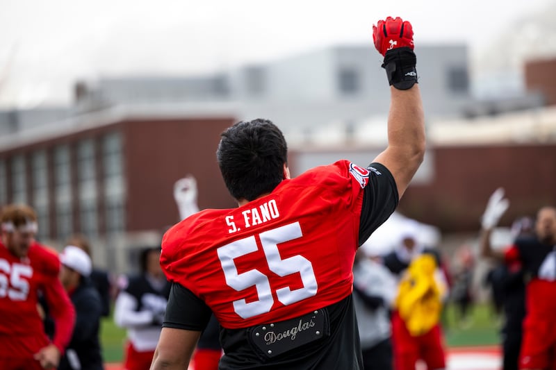 Utah offensive tackle Spencer Fano cheers during spring football practice at Spence and Cleone Eccles Football Center in Salt Lake City, UT, on Thursday, April 3, 2025.