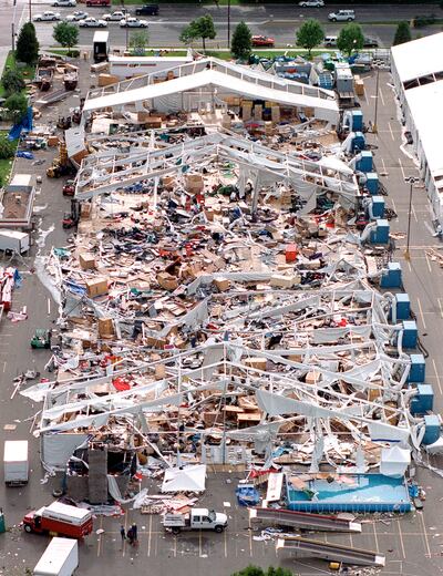 Temporary exhibition space at the Salt Palace Convention Center set up to host the Outdoor Retailers Show was destroyed by a rare and sudden tornado in Salt Lake City on Wednesday, Aug. 11, 1999.