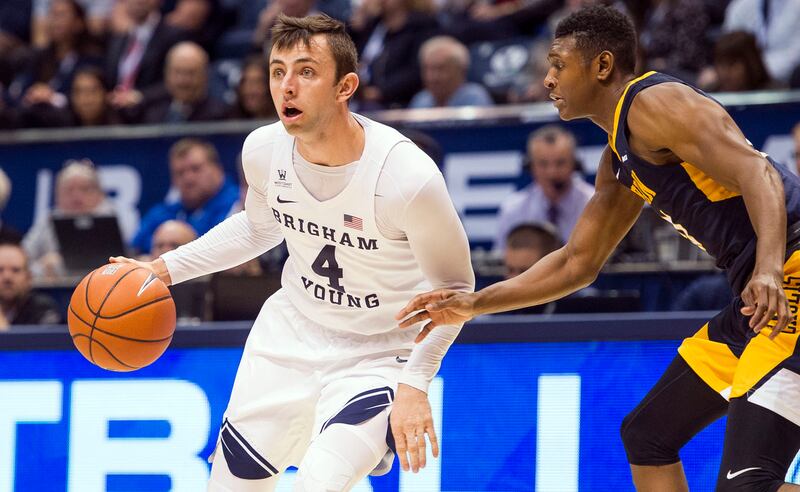 Brigham Young guard Nick Emery (4) looks to pass to a teammate during an NCAA college basketball game against Coppin State in Provo on Thursday, Nov. 17, 2016.
