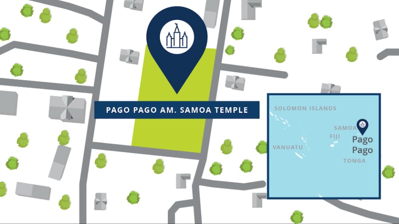 A map of the Pago Pago American Samoa Temple and surrounding area.