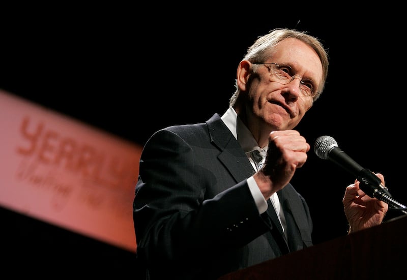 Senate Minority Leader Harry Reid, D-Nev., delivers a speech at the YearlyKos convention in Las Vegas on June 10, 2006. Reid, the former Senate majority leader and Nevada’s longest-serving member of Congress, died on Tuesday, Dec. 28, 2021. He was 82.
