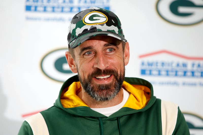 Green Bay Packers quarterback Aaron Rodgers speaks at a press conference on Friday, Oct. 7, 2022.
