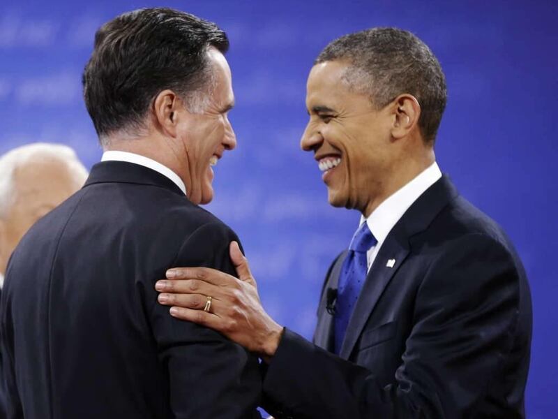 Republican presidential nominee Mitt Romney, left, is greeted by President Barack Obama before the start of the third presidential debate Oct. 22 at Lynn University in Boca Raton, Fla.