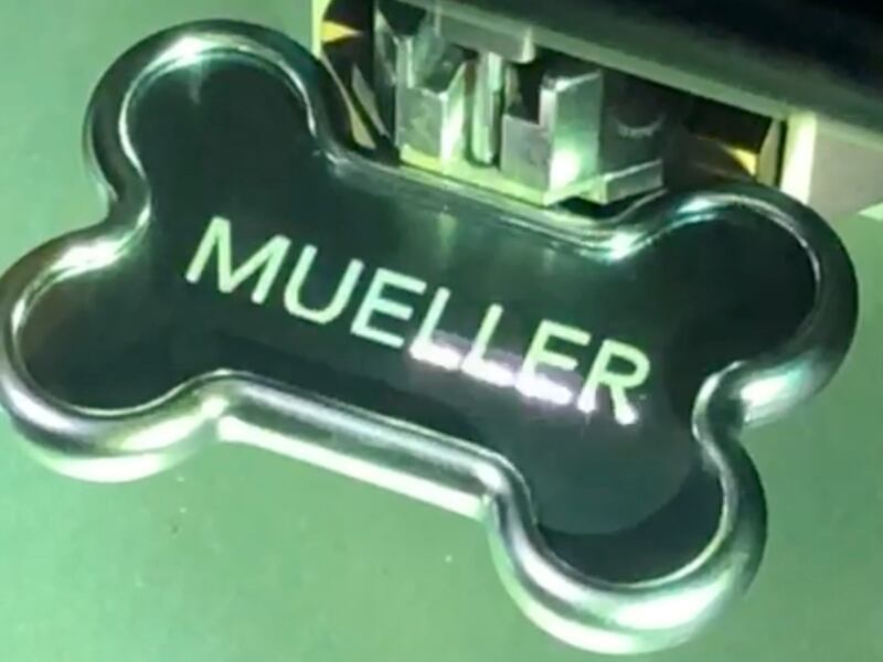 In this March 13, 2019 image from video provided by Alicia Barnett, her dog's tag is laser-engraved with his name, "Mueller," at a pet store in Kansas City, Kan. At Christmas, her teenage son brought home a 10-week-old chocolate lab. “The strong, silent t