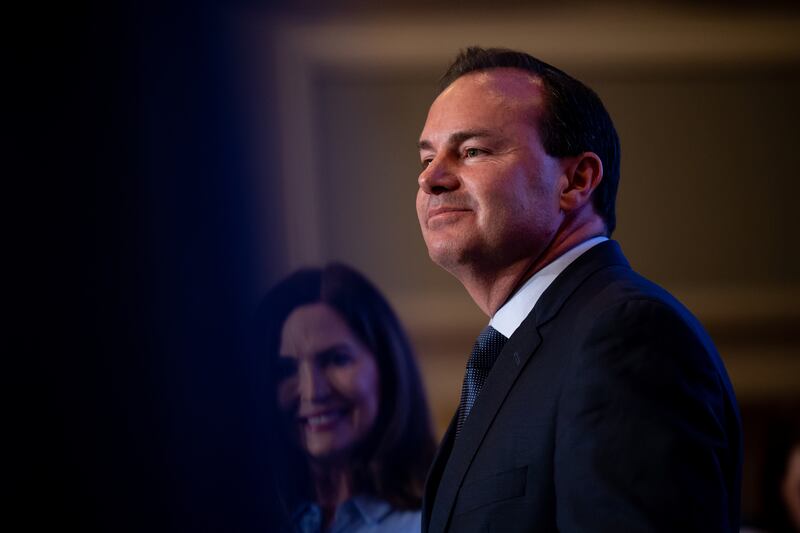 Sen. Mike Lee, R-Utah, speaks after winning the Republican primary race during a gathering in South Jordan.