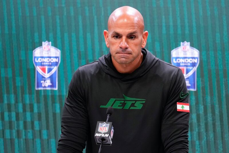 New York Jets head coach Robert Saleh talks to reporters after an NFL football game against the Minnesota Vikings, Sunday, Oct. 6, 2024, at the Tottenham Hotspur stadium in London.